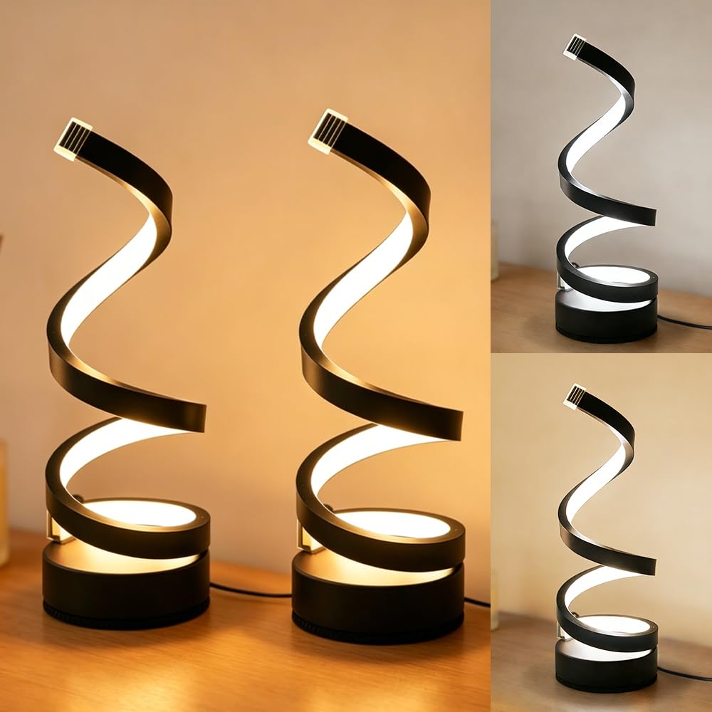 Jonuin Spiral LED Table Lamp, 3 Color Temperatures Dimmable Bedside Lamps, USB Powered Desk Light, Black Spiral Stepless Dimmable Table Lamps for Bedroom Living Room Office (2 Pack)