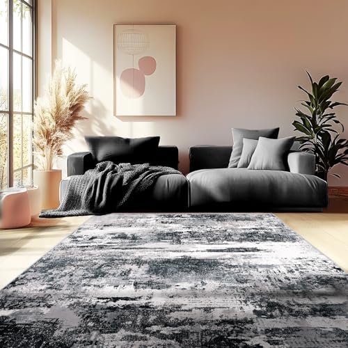 Teppich Wohnzimmer Waschbarer, Abstrakte Teppiche Schlafzimmer, Moderner Kurzflor Teppich, Teppiche Weich Waschbar rutschfest Design für Esszimmer Büro Bereich Dekor Schwarz Weiss Größe 120X160cm