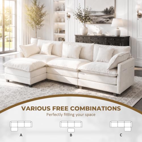 Image of 112 inch L-Shape Modular Sofa with 1 Ottomans, Deep Seat Cloud Convertible Sleeper, 3 Throw 2 Arm Pillows, Comfortable Upholstered Furniture for Living Room Apartment, Beige