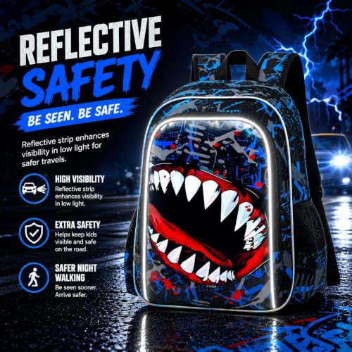 Image of 3Pcs Backpack for Boys, 17 inch Shark Kids Bookbag with Lunch Box, School Backpacks for Elementary Preschool Kindergarten (Blue)