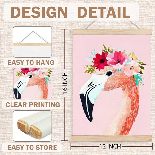 Image of PQKIY Floral Pink Flamingo Wall Art Poster Hanger Frame 12x16 in, Summer Exotic Tropical Bird Flamingo Wall Decor Canvas Prints for Nursery Girls Room Bedroom Dorm Apartment