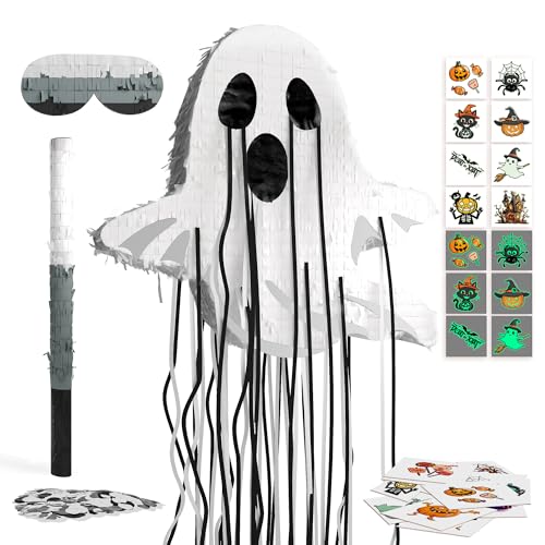 Muwoob WEIXIN003300 Halloween Ghost Pinata, Halloween Piñata With 100Pcs Halloween Tattoos, Stick Blindfold And Confetti, Spooky Halloween Birthday Pinata Party Games Decorations cover