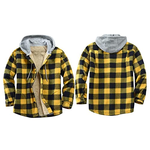 Plaid Jacket Sherpa Fleece Lined Shacket Jacket Men Flannel Hoodie Long Sleeve Shirts Plus Size Shackets Jacket Yellow - Image 2