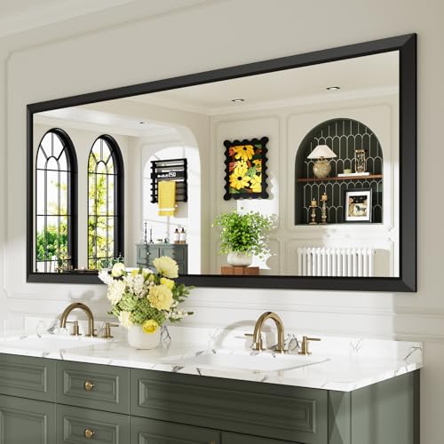 Image of 72x32 Inch Black Bathroom Mirror for Wall, Beveled Framed Rectangle Bathroom Vanity Mirrors for Over Sink, Bedroom, Living Room, Entryway, Anti-Rust, HD Tempered Glass, Horizontally /Vertically