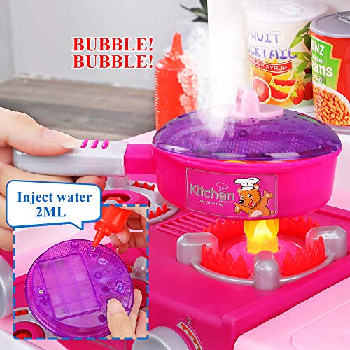 Temi Kitchen Playset Pretend Food - 34 PCS Kitchen Toys for Toddlers, Toy Accessories Set w/ Real Sounds and Light, Suitable Height (Pink)