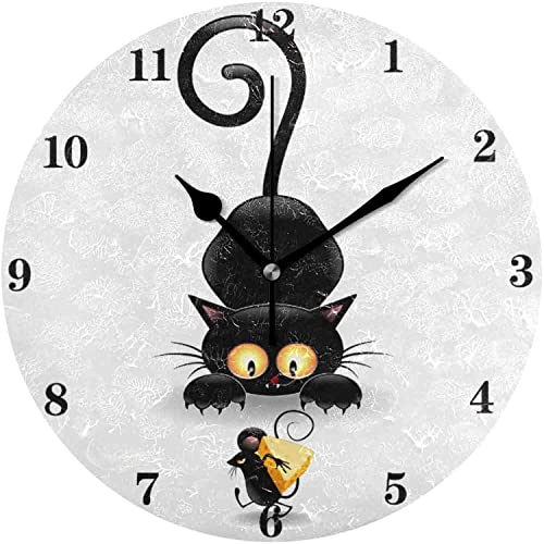 452 Ronde Pendule Murale Petite Souris Chat Mignon Noir Cuisine Horloge Silencieuse Horloge Vintage Horloge Murale pour Café Bureau Chambre