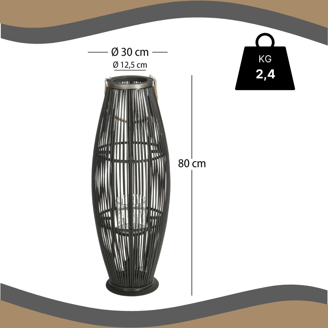 Bambus Laterne Zya | mit Henkel und Glaseinsatz, 80 cm, schwarz | Holz Kerzenhalter, Windlicht, Deko Laterne für Balkon Garten Terrasse Wohnung