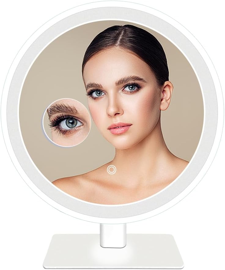 Acrylic Light Guide Round Desktop Vanity Mirror with Light, Pink/White, 3 Color Modes, Touch, 70° Rotation, 10x Magnifier (Painted White)