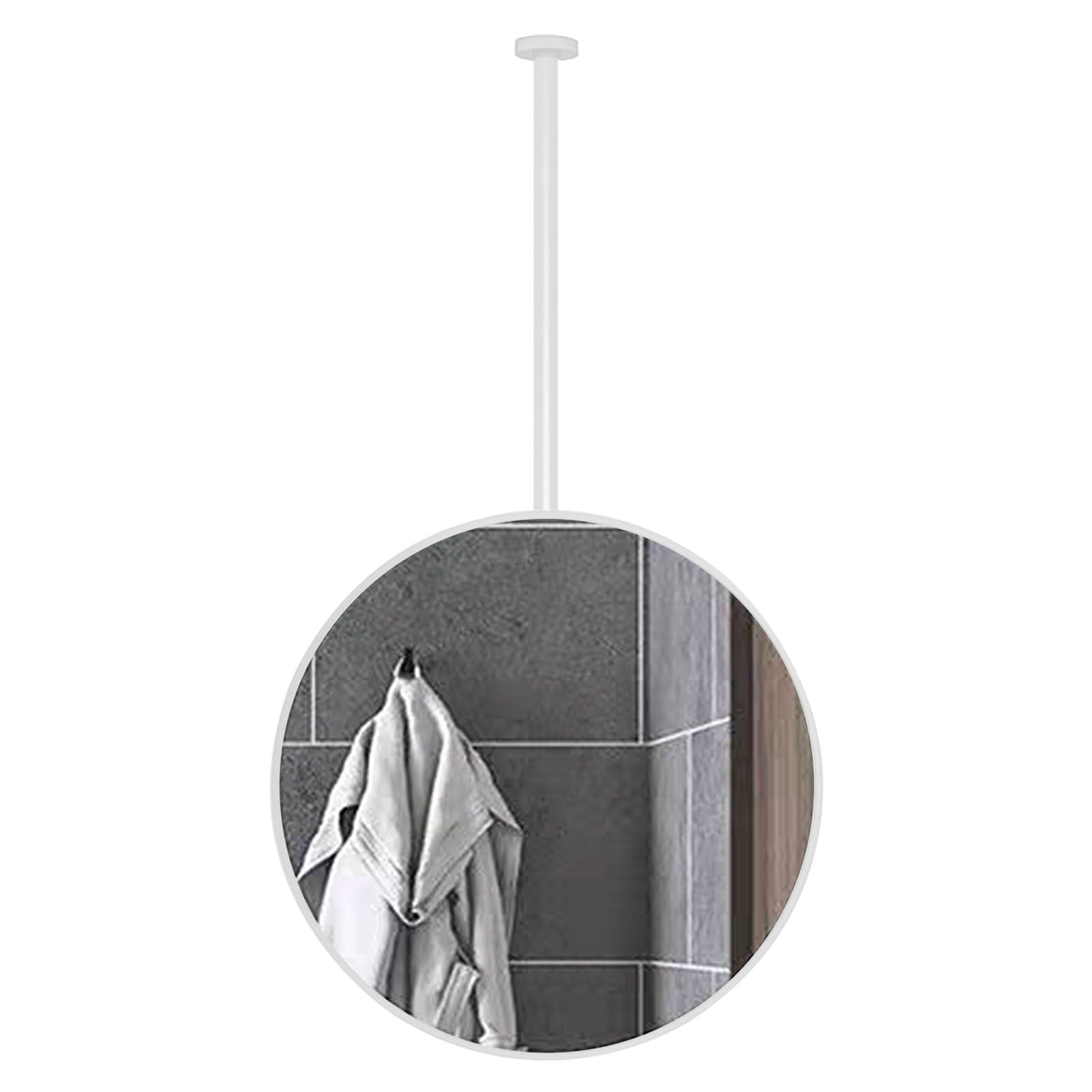 FGXHHS White Round Mirror with Metal Frame and Boom | Ceiling Mounted Hanging Rod Bathroom for Vanity Make-up Large Circle Wall Mirror(Diameter-70CM/27.6INCH)