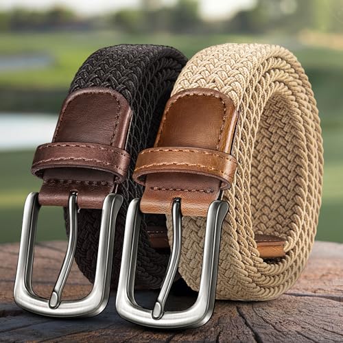 Men's Golf Belt 2 Pack-Braided Woven Stretch Belt for Gift Men Casual Jeans Sports Work 1 3/8