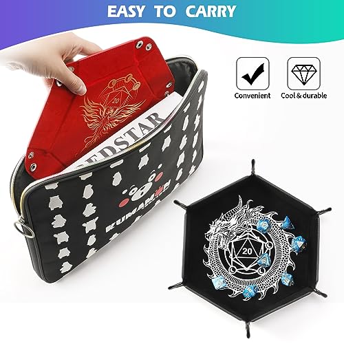 2 Pcs Portable Folding Dice Rolling Tray Set for RPG DND Table Games - PU Leather and Velvet Holder Storage Box - Dragon and Phoenix - Thumbnail 5