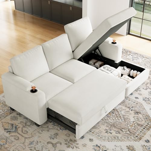 Belffin Sleeper Sofa Bed Pull Out Couch L Shaped Couch with Storage Right-Facing Chaise Modular Sectional Sofa with Cup Holder. White White Right Faci