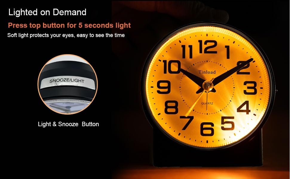 Image of Tinload 4.3 inch No Ticking Analog Alarm Clock,Silent Readable for Seniors,Easy to Set,Gradual Rise Alarm,Big Numbers,On /Off Switch on Side,Gentle Wake,Snooze,Lighted on Demand,Battery Operated,Black