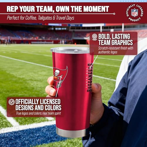 Image of Tampa Bay Buccaneers NFL 20oz Stainless Steel Insulated Tumbler, Slider Lid | Officially licensed Buccaneers drinkware; double-wall vacuum construction; cupholder compatible; BPA-free; hand wash only