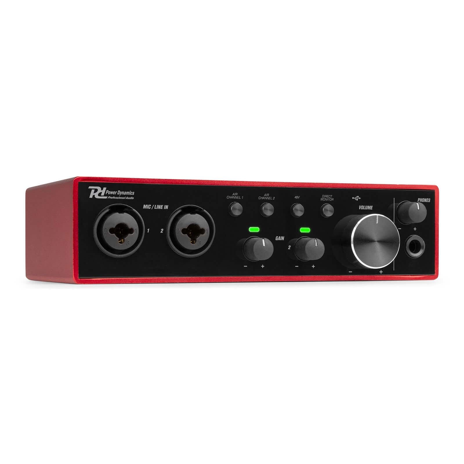 Power Dynamics PDX22 Interfaccia audio USB - Alimentazione phantom 48 V, Cavo USB-C incluso, 2 ingressi Micros/Strumenti, 1 uscita cuffie, ideale per musicisti, compositori e Home Studio
