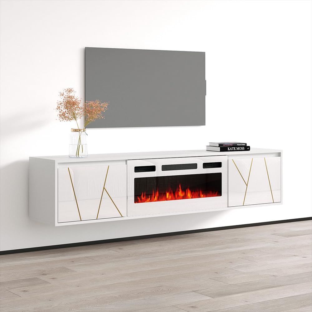 Meble Furniture Haifa WH-EF Electric Fireplace TV Stand — Modern Storage Cabinets — High Gloss and Matte Finish, Fits TVs Up to 80", 63.8" W x 17.7" D x 26.6" H — White