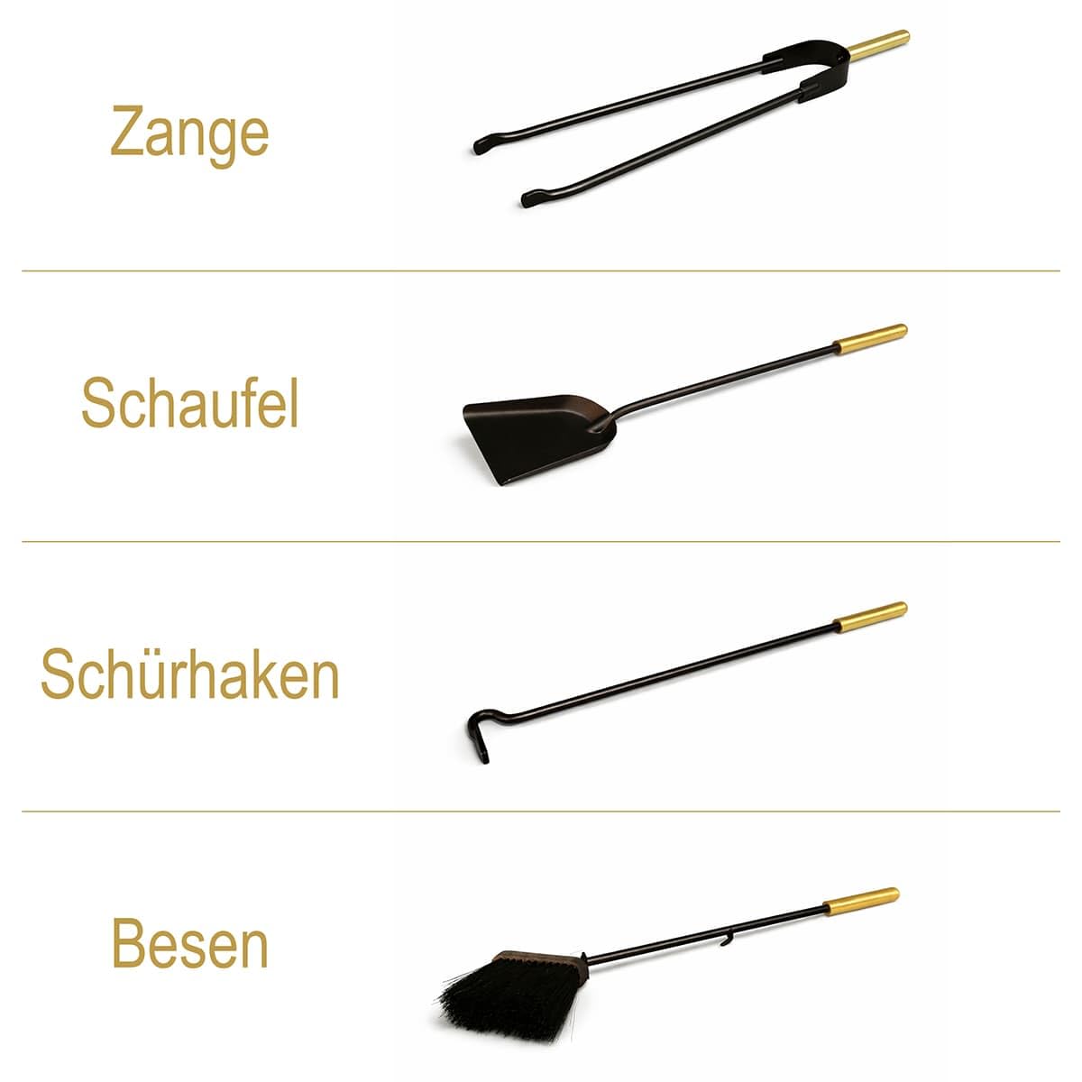 MS Beschläge Kaminbesteck Set 5-teilig Messing – Ofenbesteck modern mit geschlossenem Halter – Kaminzubehör hochwertig Schwarz pulverbeschichtet – Kamingarnitur für Kaminofen und Ofen – Ofenzubehör