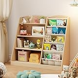 Kids Bookshelf Toddler bookshelf and Toy Storage Organizer 4 Tier Wooden Kids Book Shelf with Sling Book,Baby walking bookshelf,Montessori for Nursery Playroom, children's room kindergarten, classroom