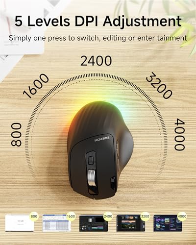 C2 Ergonomic Wireless Mouse, RGB Rechargeable Ergonomic Bluetooth Mouses, 2.4G with 4000 DPI Optical Tracking, 5 Adjustable DPI, Quiet Clicks Computer Mouse for Laptop, PC, Desktop - Black - Image 6