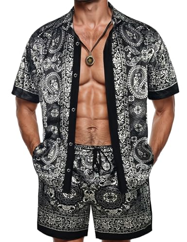 Mens Hawaiian Shirt Sets Satin Silk Casual Button Down Shirts 2 Piece Luxury Summer Beach Outfits for Men