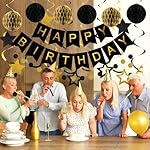 meowtastic Birthday Decorations, Happy Birthday Banner with Honeycomb Balls, Star Hanging Swirl Streamers, Circle Dot Garland, Happy Birthday Party Decorations for Women Men Boys Girls (Black & Gold) - Image 5
