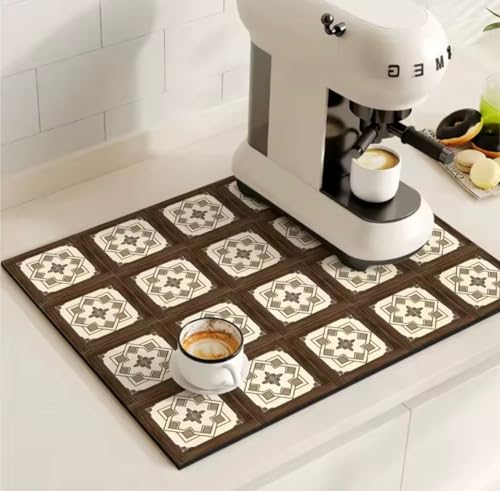 Image of HomeCloud Dish Drying Mat for Kitchen Counter - Super Absorbent, Non-Slip & Heat-Resistant - Quick Dry Rack Pad for Dishes, Utensils, Coffee Maker - Stain-Hiding Design (Brown Star)