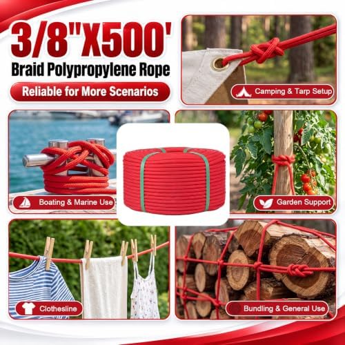 3/8" x 500ft Solid Braid Polypropylene Rope, Nylon, Multifilament Derby Rope with High-Strength Polyester Core, Red — 사진 6