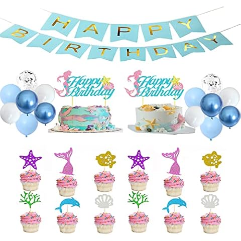 TopAufell 29pcs Mermaid Happy Birthday Cake Toppers,Cake Decoration Supplies Cupcake Toppers Decorations,Mermaid Series Birthday Kids Wedding Party Supplies for Ladies, Girls and Children Cover