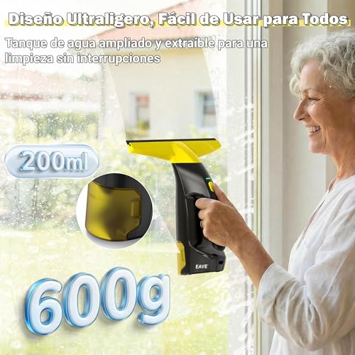 EAVE Limpiacristales Electrico, Set Limpiacristales con 45min de Autonomía, Limpia Cristales Electrico Ventanas con Boquilla de 28cm y Depósito de 200ml, Apto para Ventanas y Espejos (amarillo) - imagen 5
