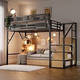 Mirightone Full Size Loft Bed with Stairs and Storage, Metal Loft Bed Frame with Bedside Shelf and Large Under-Bed Space, Heavy-Duty Bed for Adults Teens and Kids, Convertible Staircase, Black