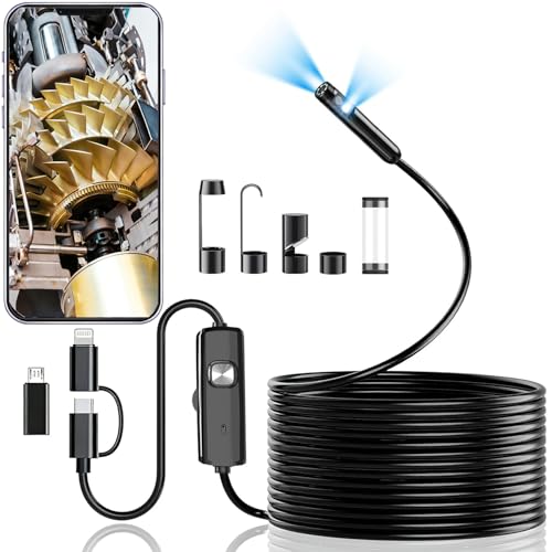 Cámara de endoscopio de doble lente con luz, boroscopio HD 1920P con 8 LEDs ajustables, cable semirrígido de 5 metros, herramienta de inspección impermeable IP68