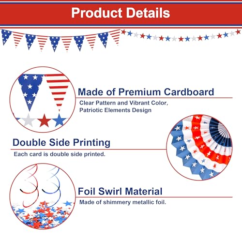Image of 4th of July Decorations Set Red White and Blue Decorations Including Paper Fans, Star Streamer, Pom Poms Party Hanging Swirls for Memorial Day, Independence Day, Labor Day