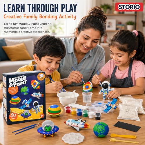 Image of Storio Toys DIY Mould & Paint Craft Kit - Astronauts Space Kids DIY Craft for 5 Years Plaster Figurine Set with Pigments Palette & Mold Painting Art & Craft Set -Gift Toys for 3 to 8 ysMulticolour