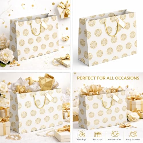 Image of Floral Gift Bags Large size - Paper Bags for Gifting - Return Gift Bags for Birthday Kids Party Wedding Christmas - Golden Pack of 5, 14 L x10.5 H x4 W inch