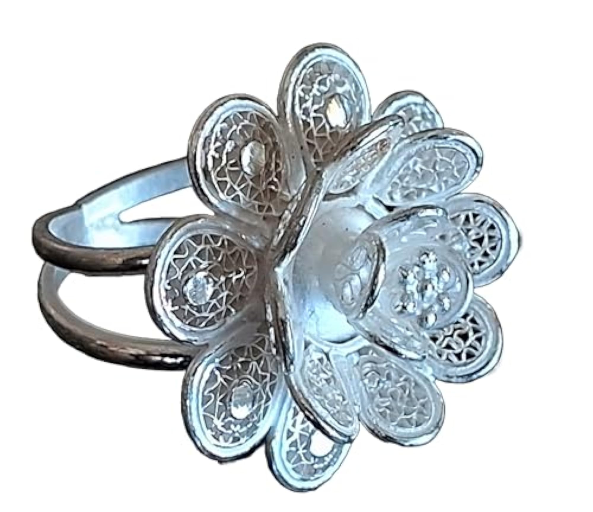 Flower Shaped Adjustable Silver Filigree Ring for Women