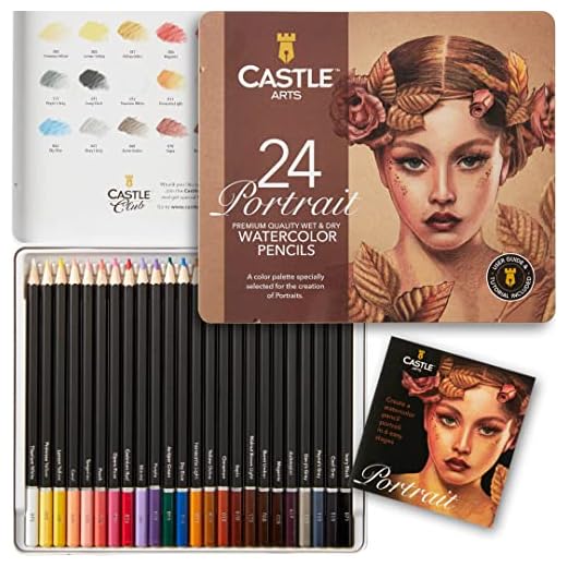 Castle Art Supplies Caja Lápices Acuarela Estilo Retratos | 24 Intensos Colores | Pinta y Dibuja al Mismo Tiempo | Para Artistas experimentados y como Regalo | En una Caja Metálica Especial