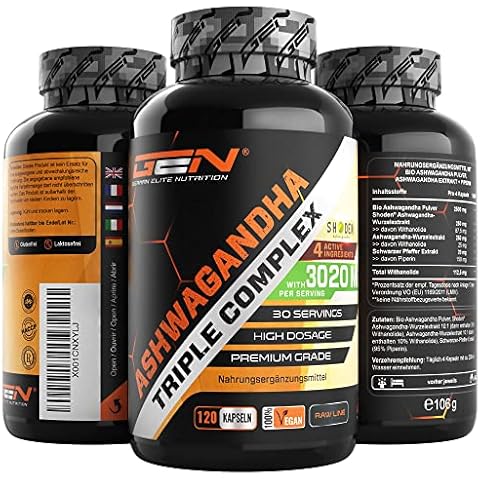 Ashwagandha Triple Extrakt Komplex - Premium: Ultra hochdosiert mit 3020 mg - Shoden® Ashwagandha-Wurzelextrakt (35% Withanolide) + Bio Ashwagandha Pulver + Piperin - 120 Kapseln - Vegan Cover