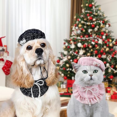 Disfraz para perro y gato 2 piezas con gorro beret y pañuelo rosa miniatura 2