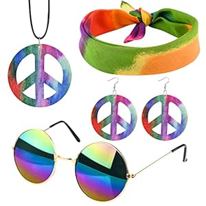 Conjunto de Disfraces de Hippie accesorios hippie Gafas de Sol, Diadema, Collar de Signo de Paz y Pendientes hippie retro de los años 60, 70, suministros de fiesta