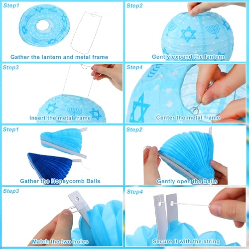 Image of Retisee 18 Pcs Hanukkah Party Decoration Happy Hanukkah Paper Lanterns with Candlestick Dreidel Blue White Hanging Paper Fans Honeycomb Balls Chanukah Home Ornament for Jewish Party Decor