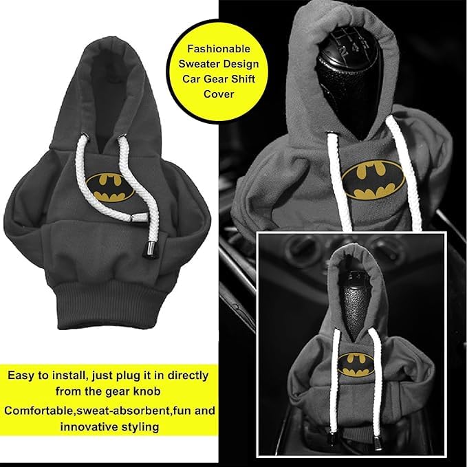 Image of MOONSHINE Car Gear Shift Hoodie | Car Shifter Funny Sweater Superhero Theme Hoodie for Gearshift | Car Shifter Protector Decoration Accessories (Black) (Black BAT MAN)