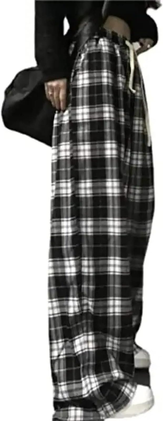 Llecdaseui Women's Black Plaid Pants For Baggy Y2k Goth Pants Wide Leg Alt Emo Scene Pants Alternative Clothing Hip Hop Teens Streetwear (S,)