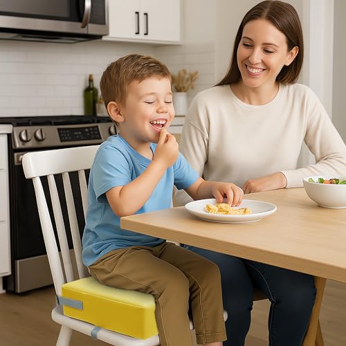 Image of Eiury Booster Seat for Kitchen Chair, Toddler Booster Seat for Dining Table, Waterproof PU Leather Kids Seat Cushion with Adjustable Straps, Non-Slip Bottom, Wipeable Seat Pad,Yellow