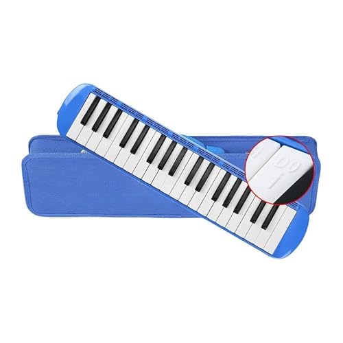 OXIZER 初心者向け鍵盤ハーモニカ。ウサギ型の位置決めマークと凸型音符デザイン、ベース固定ブラケット、安定した演奏、排水キーの便利さ、お手入れのしやすさ、初心者でも押鍵位置が簡単にわかるなど、音楽教育や趣味に最適です。収納ケース付き。 (37鍵,ブルー