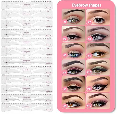 Augenbrauen Schablonen Set 12 Paare mit Halterung – Wiederverwendbare Formen zum Brauenstyling – Für Anfängerinnen geeignet – Rosa Kunststoffhalter für präzise Konturen und Symmetrie