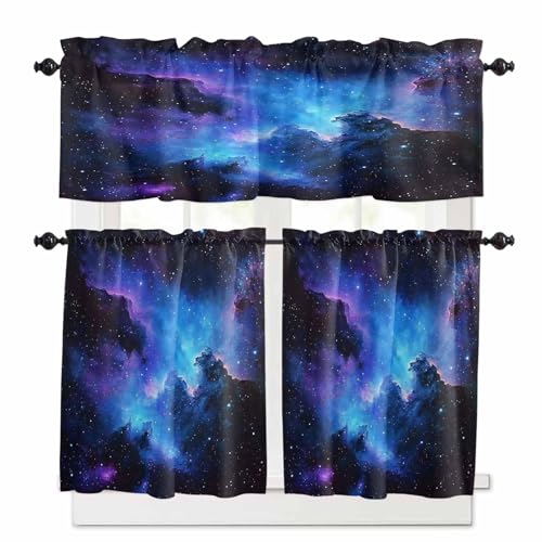 Blue Purple Sky Kitchen Curtains 36 Inch Length, 3 Piece Rod Pocket Small Half Tiers and Valance Set, Modern Abstract Night Stars Small Large Window Treatment Decor for Bedroom/Bathroom Sink