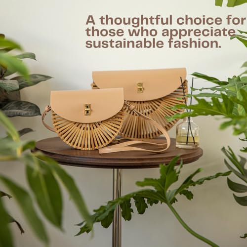 Image of Handwoven Bamboo Bag Summer Straw Purse Crossbody Bags for Women Natural Handmade Beach Bamboo Purse with Leather Strap