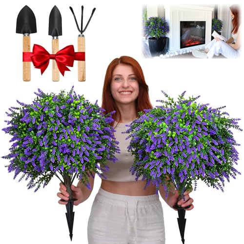Artificial Boxwood Topiary Balls with Lavender – 24' Set of 2 Faux Shrub Bushes, Evergreen Trees with Ground Spike & Garden Tools – UV Resistant Faux Plants for Outdoor Planters, Porch & Front Door