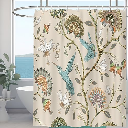 Minicoco Integrated Room Shower Curtain 100% Polyester Waterproof Mould Proof Floral Shower Curtain with 12 Hooks