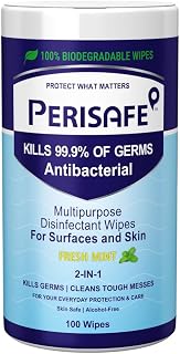 PERISAFE Multipurpose Disinfectant Wipes For Surfaces & Skin-100 Wipes | 100% Biodegradable | Antibacterial | 2-IN-1- Kills Germs & Cleans Tough Messes | Fresh Mint